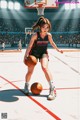 A woman in a basketball uniform dribbling a basketball on a court.